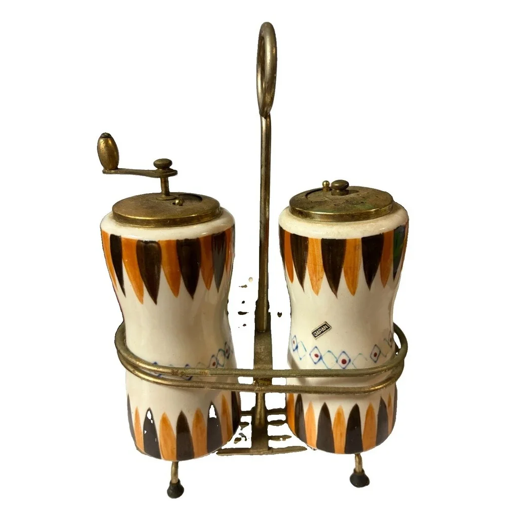 Japan Ceramic Brass Salt Shaker Pepper Grinder Caddy MCM Atomic Hand Painted